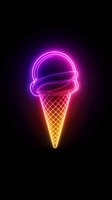 Neon ice cream cone glowing in vibrant pink purple and orange colors on black background for summer dessert advertising and restaurant signage.