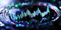 Digital sound wave visualization in neon green and blue colors on dark background with circular elements, showing dynamic audio spectrum analysis.