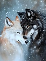 Tender moment between black and white wolves in falling snow, close-up portrait showing affection and connection against winter background.