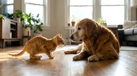 Golden retriever dog and orange tabby cat sitting together on wooden floor in bright sunlit living room with large windows and houseplants creating peaceful domestic scene.