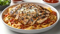 Grilled chicken breast with herbs and sesame seeds served over fettuccine pasta in tomato sauce, garnished with fresh herbs in white ceramic bowl.