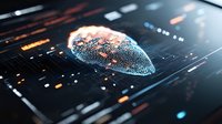 Futuristic digital brain visualization with glowing particles and data elements on dark interface. Neural network concept showing artificial intelligence processing.