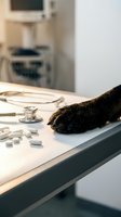 Black cat paw on veterinary examination table beside stethoscope and white pills, vet clinic concept for pet healthcare and animal medicine.