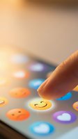 Finger touching yellow smiley face emoji button on touchscreen device surrounded by colorful emotion icons for user feedback, customer satisfaction, and digital communication applications.