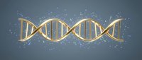 Golden DNA double helix structure with glowing particles on gradient background for medical research and biotechnology presentations.