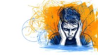Emotional distress concept showing young man holding head in hands against orange and blue background, artistic sketch style illustration for mental health awareness.