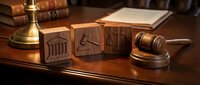 Wooden gavel and legal symbol blocks on polished desk with law books and brass scale. Professional attorney office setup for justice and legal services.