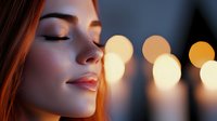 Young Caucasian woman with closed eyes and gentle smile against blurred bokeh lights background, expressing serenity, peace and relaxation in evening atmosphere.