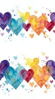 Vibrant watercolor hearts in rainbow colors with paint splatters on white background for romantic designs and Valentine's Day projects.