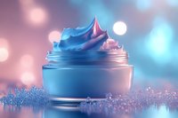 Luxurious blue cosmetic cream jar with swirled texture against dreamy bokeh background for skincare and beauty product marketing campaigns.
