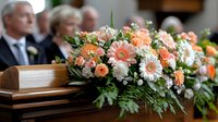 Elegant funeral flower arrangement with peach roses and white chrysanthemums on wooden casket during memorial service ceremony with mourners in background.