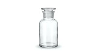 Clear glass apothecary bottle with stopper cork lid isolated on white background for pharmaceutical laboratory medical research and vintage design projects.