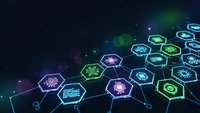 Digital technology network with glowing hexagonal icons connected by lines on dark background for business presentations and tech concepts.