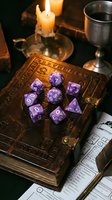 Purple polyhedral dice set arranged on antique leather-bound grimoire with burning candles and goblet, tabletop role-playing game accessories for fantasy gaming sessions.