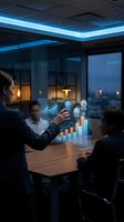 Business professionals analyzing holographic data charts and graphs in modern conference room with futuristic technology interface for presentations.