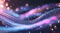 Magical glowing wave with sparkling particles and bokeh lights in purple and blue colors against dark background creates dreamy atmospheric effect.