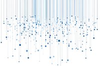 Abstract blue dots connected by vertical lines creating a cascading network pattern on white background, suitable for technology and data visualization designs.