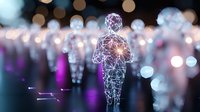 Digital wireframe human figure with glowing network connections against blurred city lights background for technology and AI concepts.