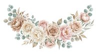Watercolor floral arrangement with blush roses, peonies and eucalyptus leaves on transparent background for wedding invitations and romantic designs.