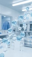 Transparent blue molecular structure with H2O labels floating in a bright modern laboratory, symbolizing chemistry, science, and pharmaceutical research.