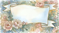 Watercolor floral frame with ribbon banner, soft pastel peonies and eucalyptus leaves, golden outline, elegant botanical border for wedding or greeting card.
