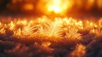 Delicate ice crystals form intricate frost patterns on frozen ground at sunrise, creating magical winter landscape with golden morning light and bokeh effect.