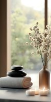 Serene spa composition with stacked massage stones, rolled towel, burning candles and dried flowers in ceramic vase by window, soft natural lighting creates calm atmosphere.