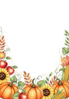 Autumn harvest border with pumpkins, sunflowers, apples, corn, and decorative foliage on white background. Isolated design element for fall seasonal projects, invitations, and marketing materials.