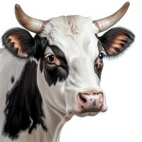 Close up portrait of Holstein dairy cow with black and white markings, expressive eyes, and distinctive horns against light background, isolated design element.