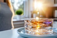 Glass candle holder with floating tea light creates warm ambiance on white plate, sunlight streaming through window, cozy home atmosphere with bokeh effect.