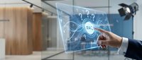 Businessman touching holographic FAQ interface with digital network connections in modern office environment for customer service and support solutions.