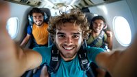 Young diverse friends taking selfie aboard private jet, showing excitement and joy during luxury travel experience. Capturing carefree vacation moments.