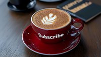 Latte art in red ceramic cup with "Subscribe" text on wooden table, featuring creamy foam design and cocoa powder dusting. Coffee shop atmosphere.