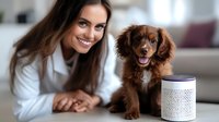 Young Caucasian woman in white sweater lying on floor with happy brown Cocker Spaniel puppy next to smart speaker device in modern living room interior.