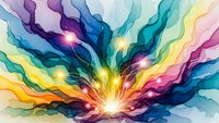 Abstract watercolor explosion with vibrant rainbow colors radiating from bright central light source creating dynamic energy burst for creative projects.