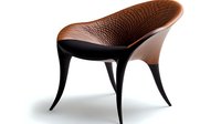 Modern curved armchair with textured brown leather seat and sleek black legs in contemporary organic design against white background, isolated furniture piece.