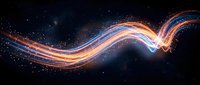 Abstract glowing energy waves with golden and blue light trails flowing across dark space, creating dynamic motion and sparkle effects for modern design projects.