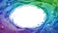 Underwater ocean frame with marine life in gradient blue green purple colors. Fish, jellyfish, coral reef border design for aquatic themed projects and presentations.