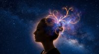 Human head silhouette with glowing cosmic brain explosion against starry night sky background. Concept for creativity, imagination and mental power.