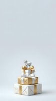 Stacked gift boxes with gold and white wrapping, adorned with ribbons and bows, topped with a silver goat figurine on neutral background for holiday and celebration designs.
