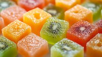 Colorful fruit jelly candies with kiwi, orange and grapefruit flavors arranged in geometric pattern, macro food photography showing sugar coating and texture.