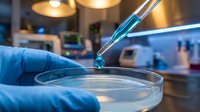 Scientist in blue gloves pipetting turquoise liquid into petri dish in modern laboratory setting with blurred equipment background for research and medical applications.