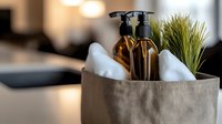 Amber glass pump bottle with white towels and green plant in linen container on blurred bathroom counter, spa and wellness product display for home decor and skincare branding.