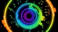 Vibrant neon music visualization with glowing rainbow circles and floating musical notes on black background for digital art and entertainment design.