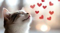 Adorable cat looking up at floating red hearts against soft bokeh background, expressing love and affection. Perfect for Valentine's Day cards and romantic designs.