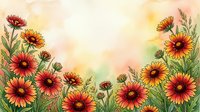 Watercolor wildflower border with red and yellow gaillardia blooms on soft pastel background, perfect for greeting cards and seasonal designs.