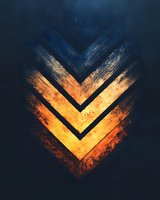Abstract geometric chevron pattern in fiery orange and gold tones against deep navy blue background, featuring textured brush stroke effects and dramatic lighting.