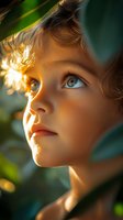 Close-up portrait with golden sunlight through leaves creating magical rim lighting effect on young face with bright blue eyes looking up dreamily in nature setting.