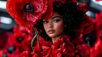 Young woman with curly dark hair wearing dramatic red poppy flower headpiece and dress, artistic fashion portrait against blurred floral background.