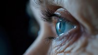 Close-up macro shot of bright blue human eye with long eyelashes and detailed iris pattern in dramatic lighting, showing intricate eye structure and reflection.